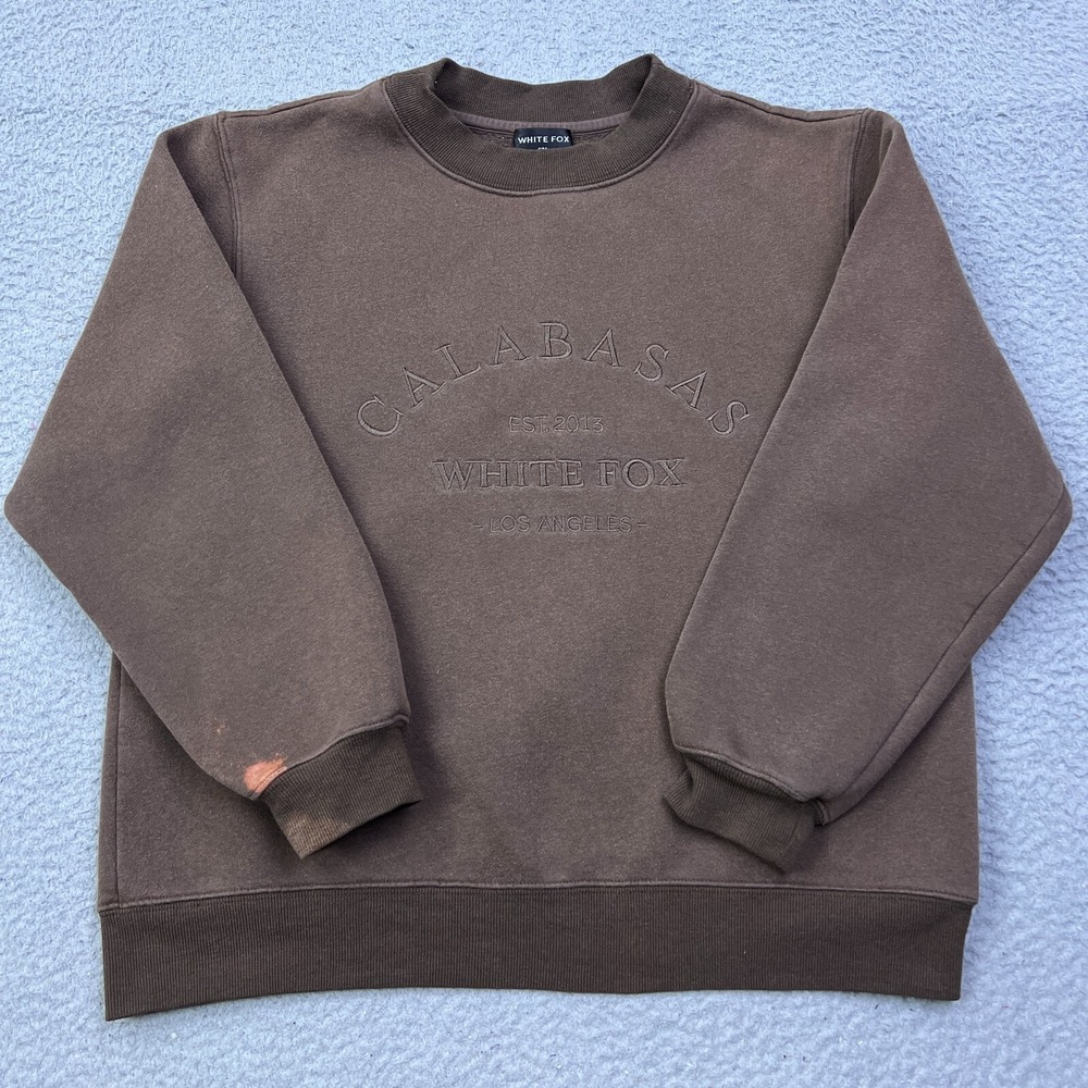 White Fox Calabasas Sweatshirt S/M Brown Los Angeles 2013 Crew Pullover STAIN